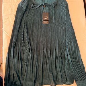 Adrianna Papell Teal Textured Tie-Neck Blouse with Dot Detail